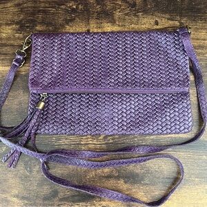Genuine Italian Leather Purple Braided Fold Over Crossbody with Zip Top